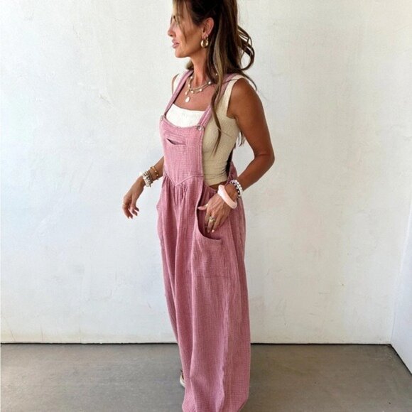Boutique Pink Gauze Jumpsuit Overalls Small NWT – Boho Wide Leg - Picture 3 of 8